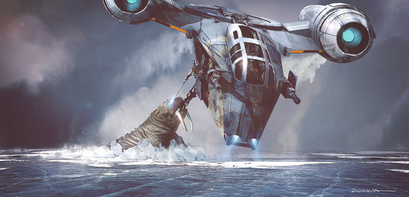 The Mandalorian fighting a strange beast off his ship.